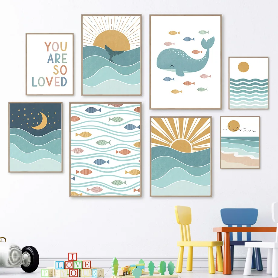 1pc frameless Fish Whale Seagu - огляд і ціна Baby Nursery Quotes Wall Art
